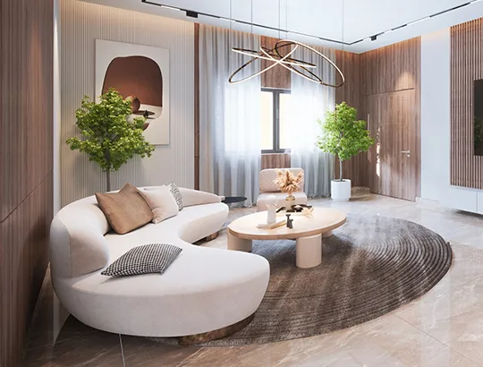 Elegant living room with blue ottoman